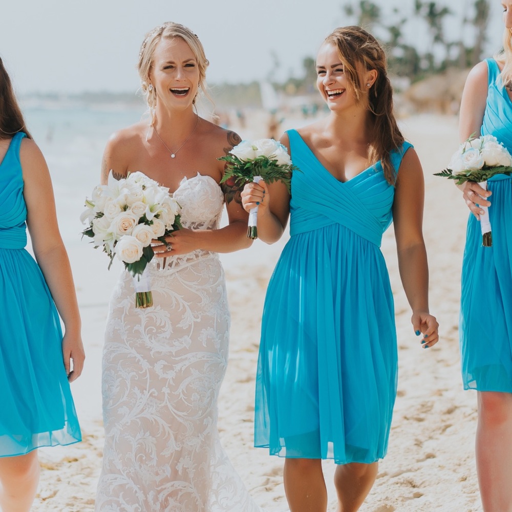 Short Malibu Blue David’s Bridal Dress w Cowl Back